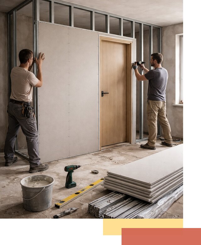 Перегородка из гипсокартона с дверью под ключ в Кинели