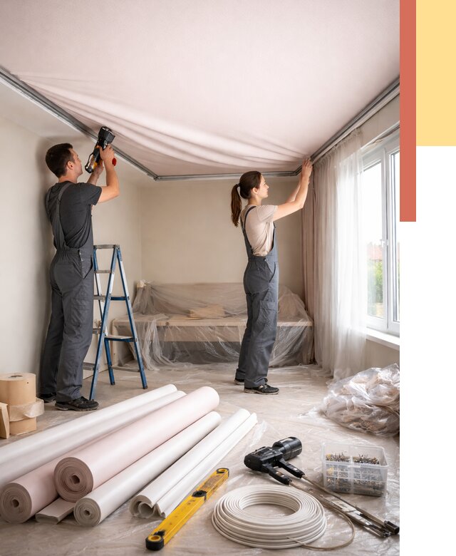 Монтаж цветного натяжного потолка в Кинели от 4279 руб/м² — быстро и недорого | ОТДЕЛОЧНИК-Кнл