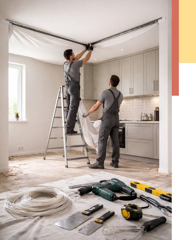 Установка натяжного потолка на кухне в Кинели от 2445 руб. | ОТДЕЛОЧНИК-Кнл