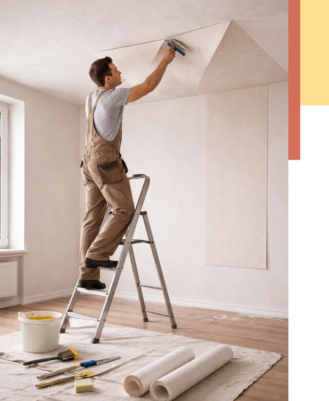 Поклейка обоев на потолок в Кинели от 4585 руб. быстро и недорого | ОТДЕЛОЧНИК-Кнл